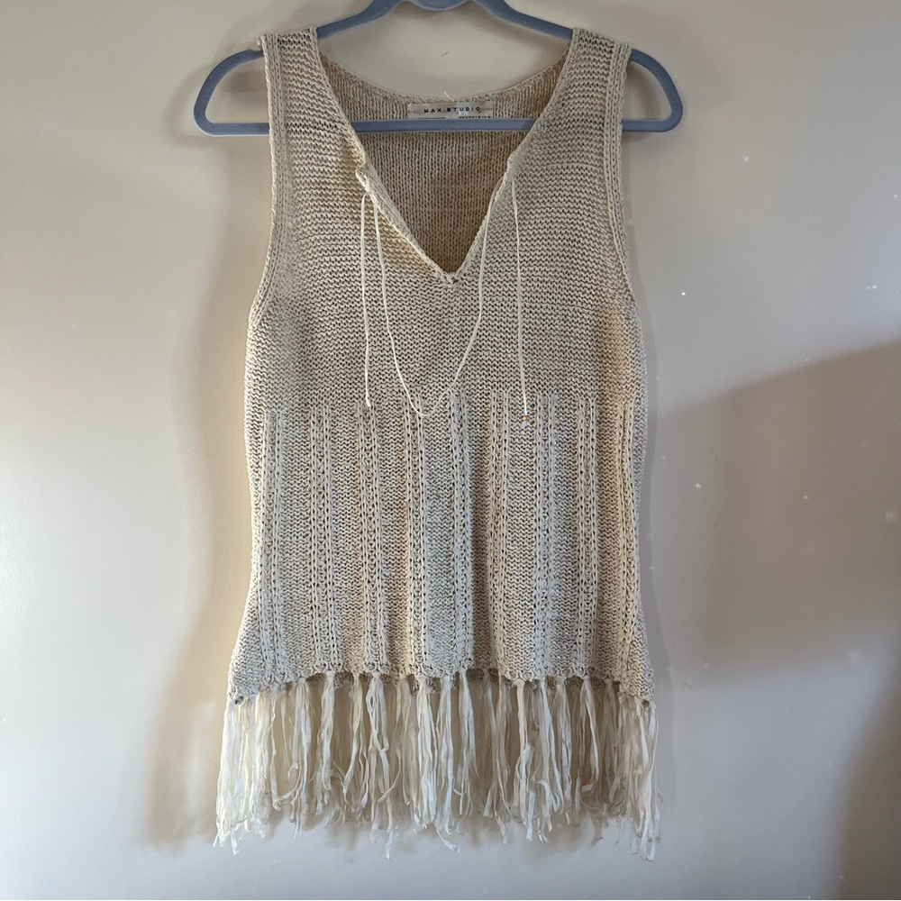 Max Studio Beige Knit Tank Top with Fringe